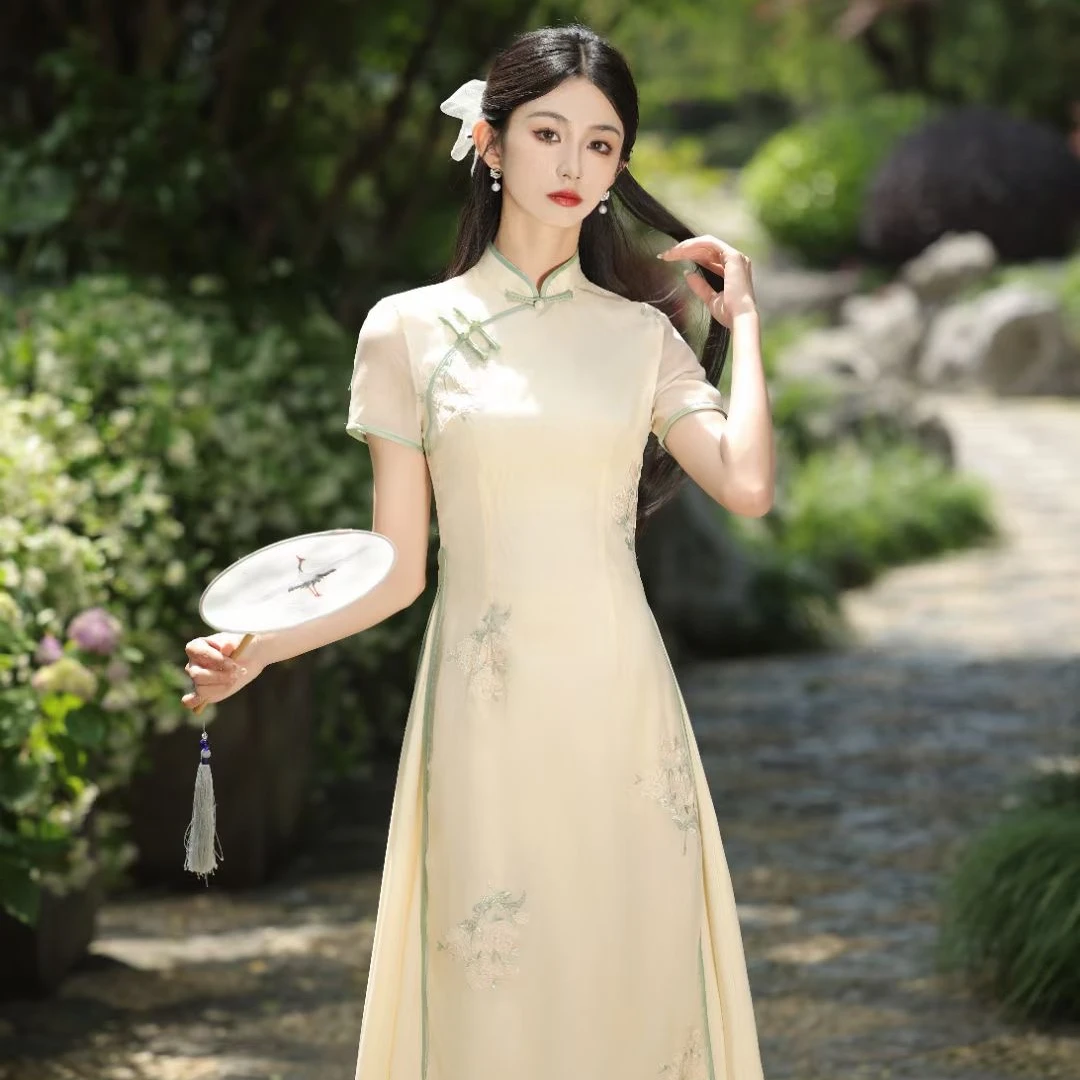 奥黛旗袍改良年轻款高端气质素雅复古茶服女夏季仙气新中式连衣裙