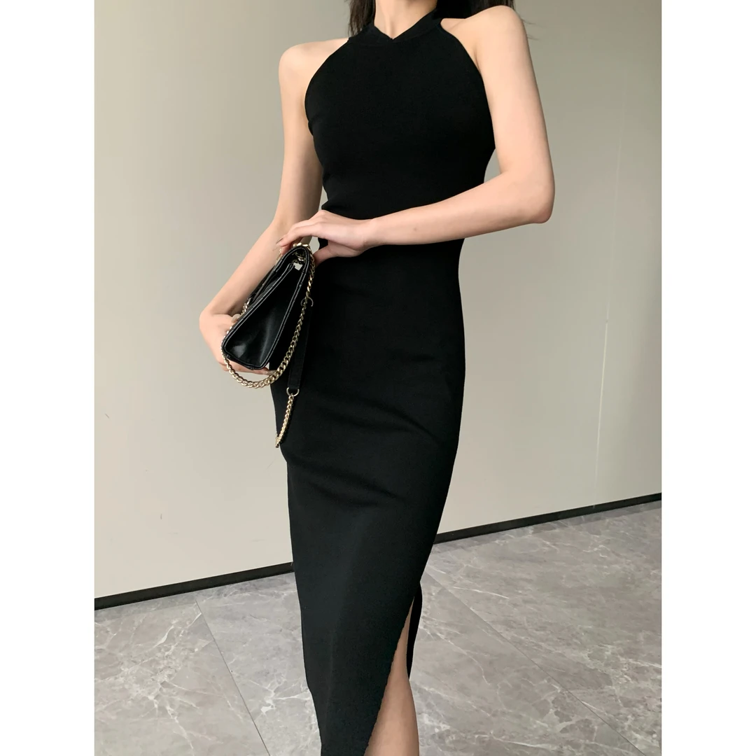 JIJINQI显瘦气质黑色连衣裙法式性感修身轻奢高端女装JINQCSP0408