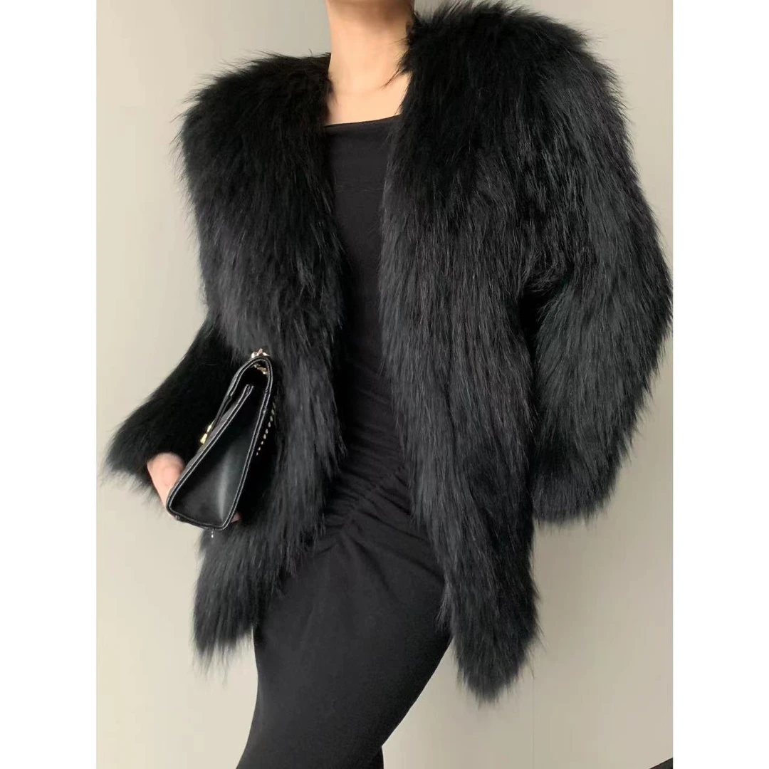 秋冬新款气质黑色貉子毛皮草黑色保暖外套 JINQB0940