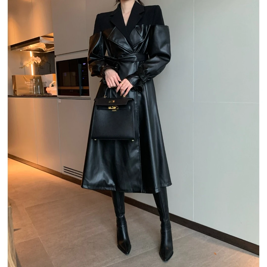 JIJINQIJINQ小众设计质感皮大衣个性拼接长款过膝外套JINQA1023