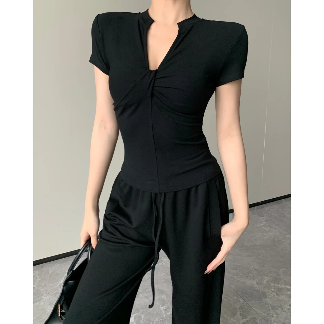 JIJINQI气质显瘦休闲设计感上衣夏季新款修身短袖t恤女 JINQC0514