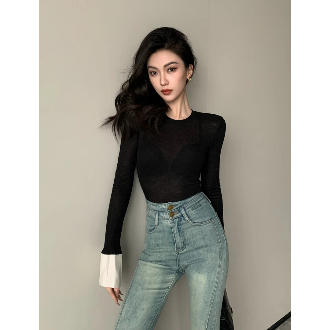 JIJINQI显瘦气质百搭上衣秋季新款拼色时尚长袖针织衫JC05SZPT025