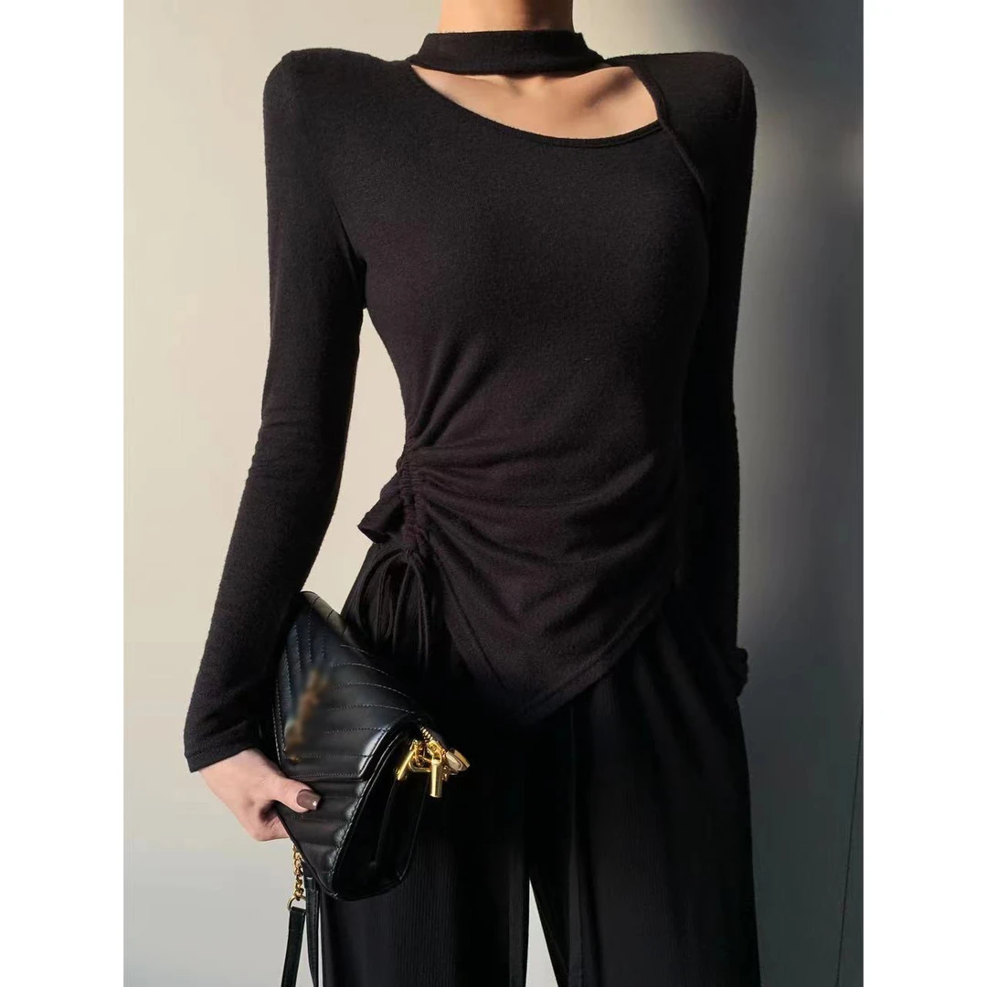 JIJINQI秋冬时尚辣妹针织衫不规则纯色挂脖镂空上衣 JINQBSP0943