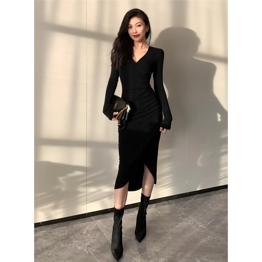 JIJINQI裙子女款爆款2024新款收腰内搭V领开衩长连衣裙 JINQB0931