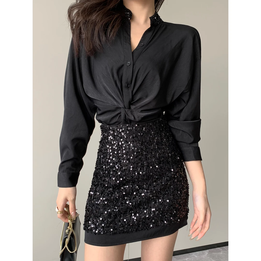 JIJINQI【现货】时尚半身裙女装气质包臀a字亮片短裙 JINQCSP0227