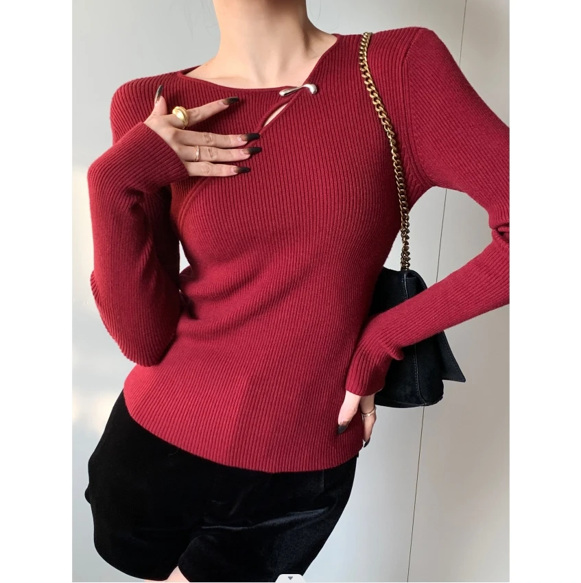 JIJINQI不规则设计感镂空长袖针织衫女秋冬打底衫新年JINQBSP1228