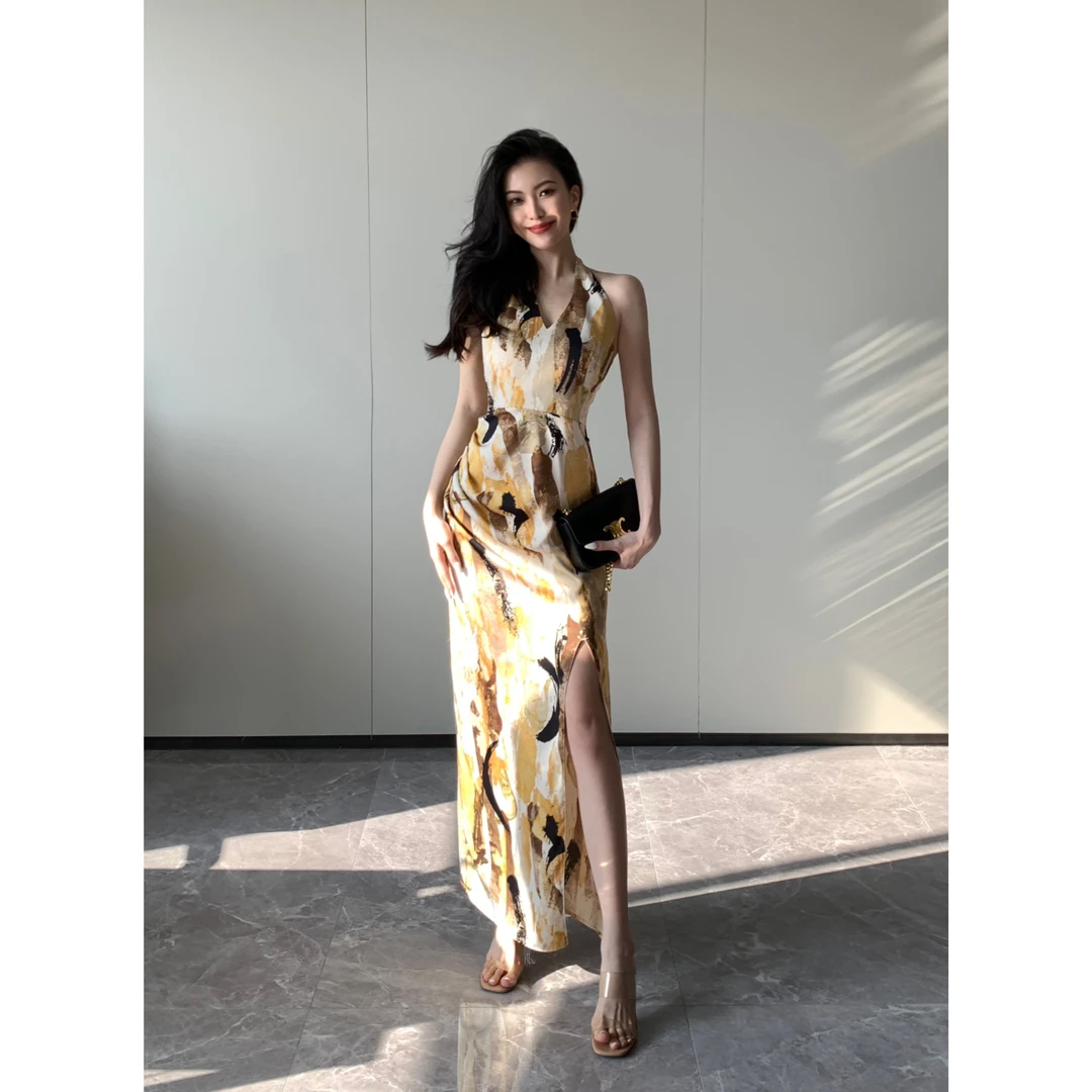 JIJINQI约会性感法式长裙复古气质碎花收腰挂脖连衣裙 JINQB0515