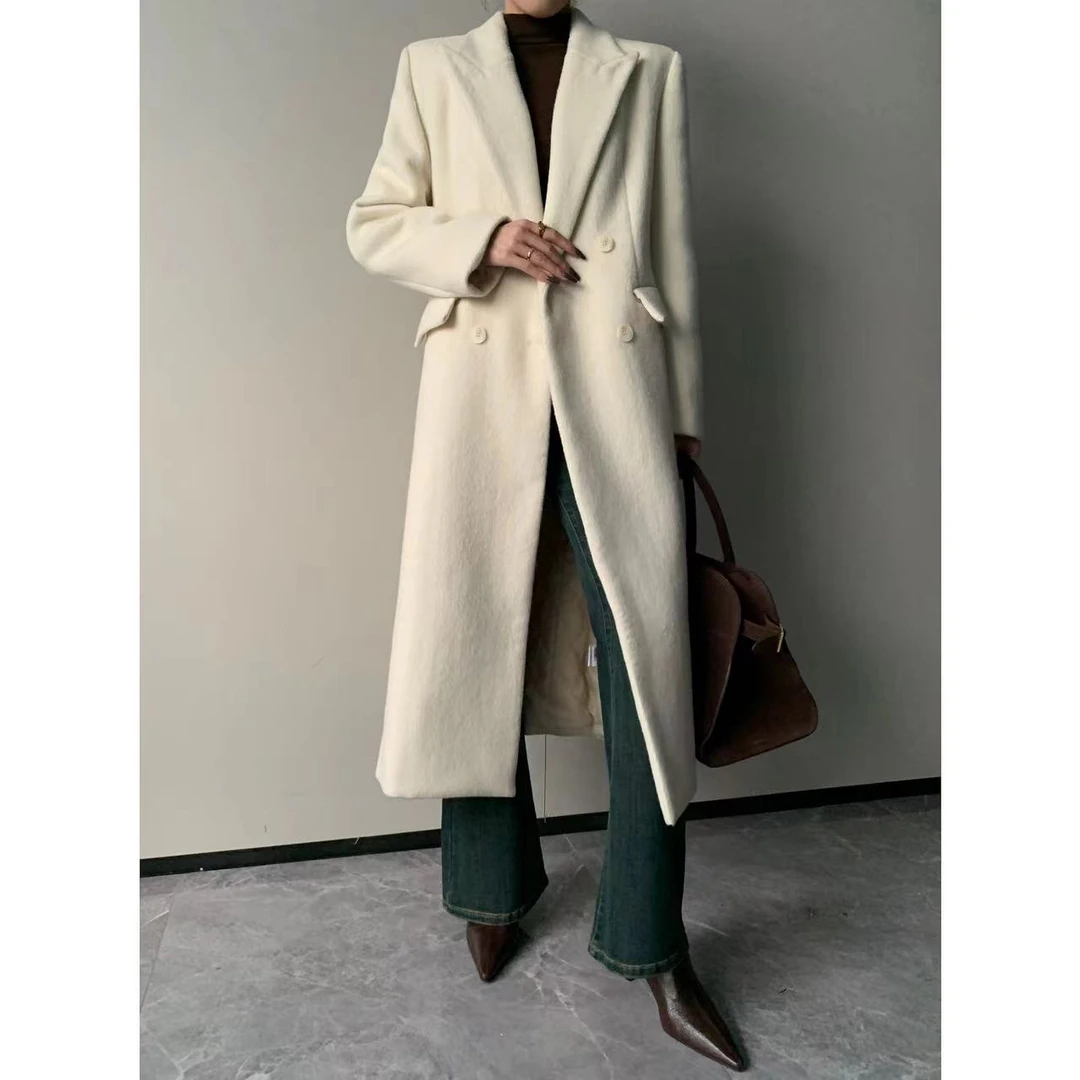 JIJINQI秋冬季纯白大衣轻奢气质绵羊毛长款毛呢外套 JINQB1064