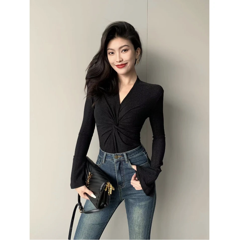 JIJINQI春秋性感辣妹洋气打底黑色修身长袖上衣百搭T恤JINQB0855