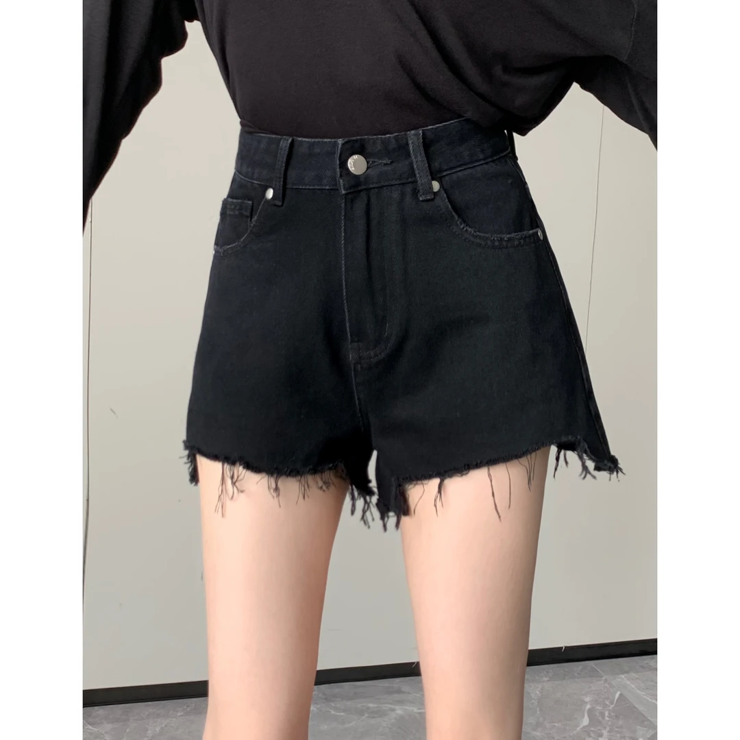 JIJINQI【现货】高腰黑色短裤夏季百搭毛边牛仔短裤 JC05KNPT040
