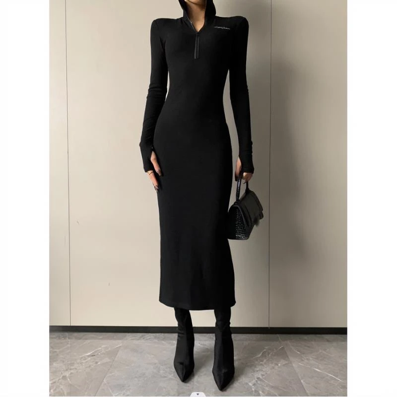 JIJINQI黑色立领秋冬针织裙性感收腰修身长袖连衣裙女JINQBSP1027