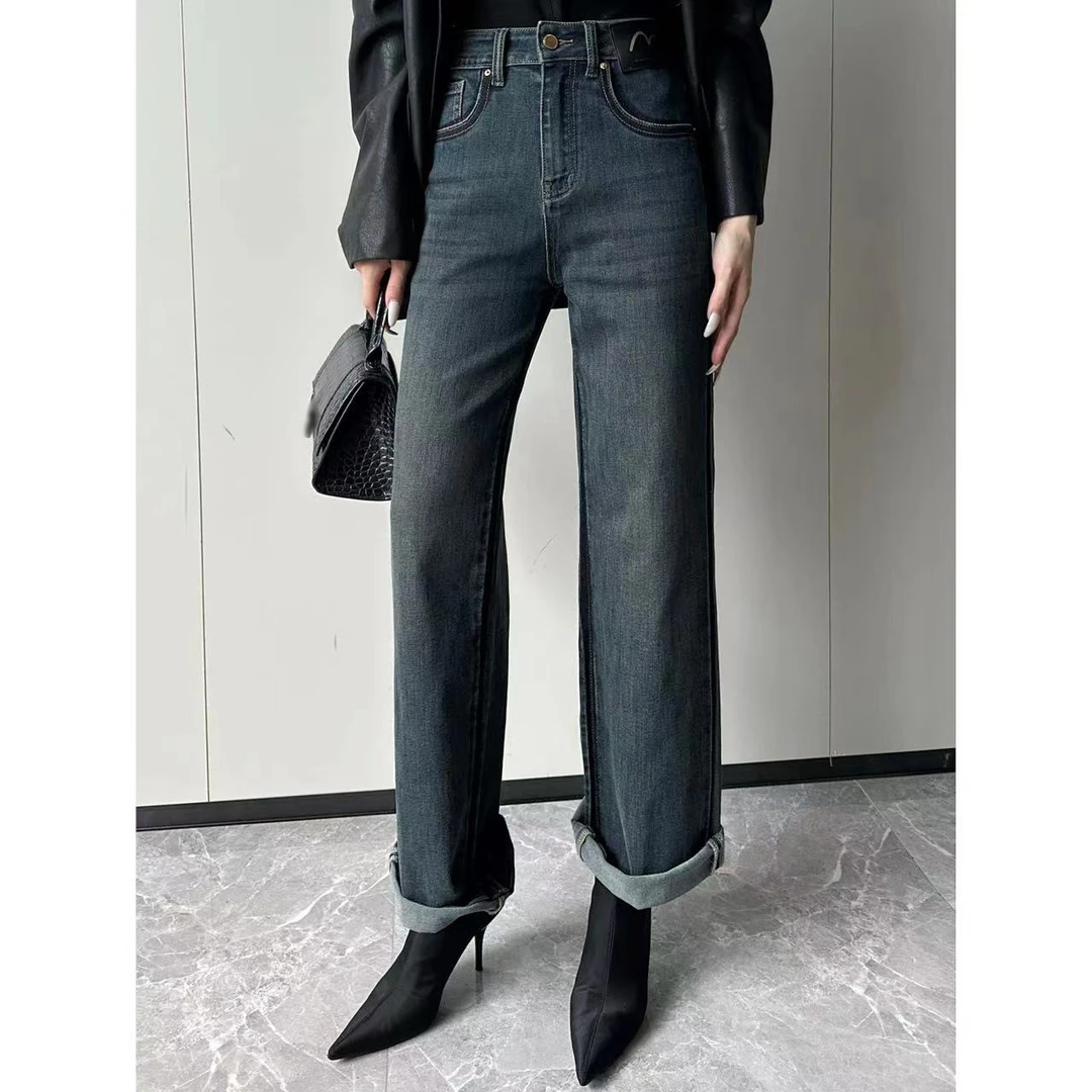 JIJINQI烟灰色直筒牛仔裤洋气时髦黑色宽松裤子烟管裤女JINQB0842