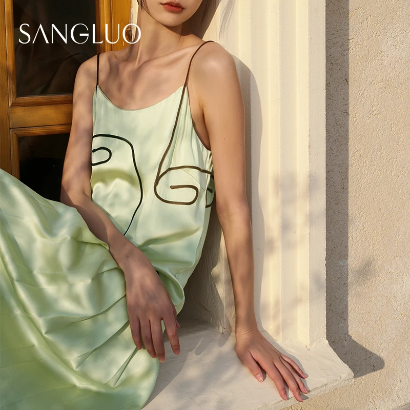 桑罗脸谱系列真丝吊带睡裙长款撞色春夏百褶裙摆连衣裙  03363235