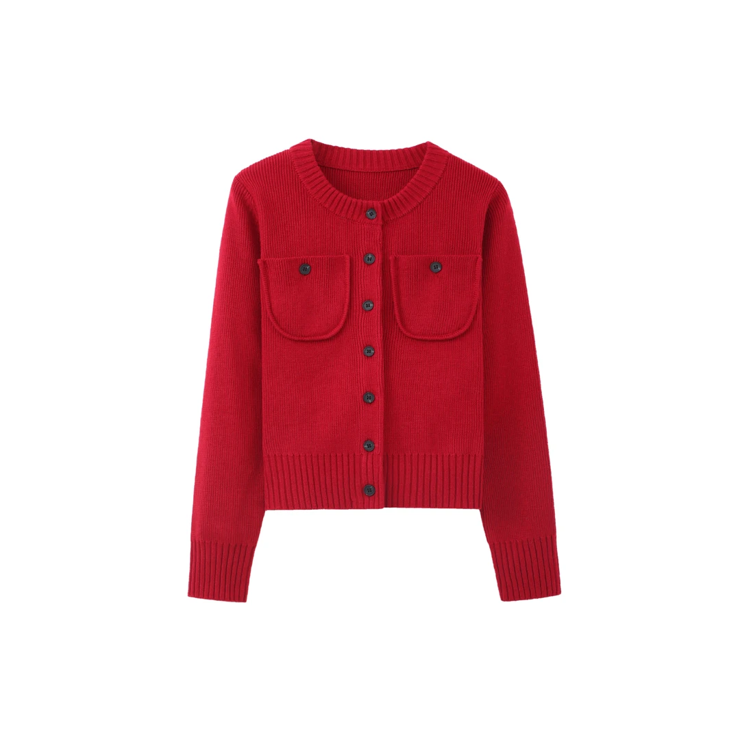 小香风高级氛围感羊毛软糯针织毛衣圆领开衫慵懒风双口袋长袖D899