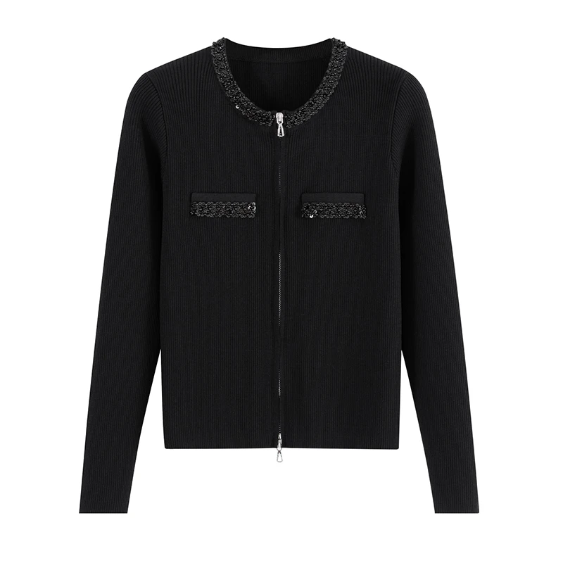 双拉链黑色长袖气质立体轻奢冰丝针织开衫显瘦女百搭修身D680