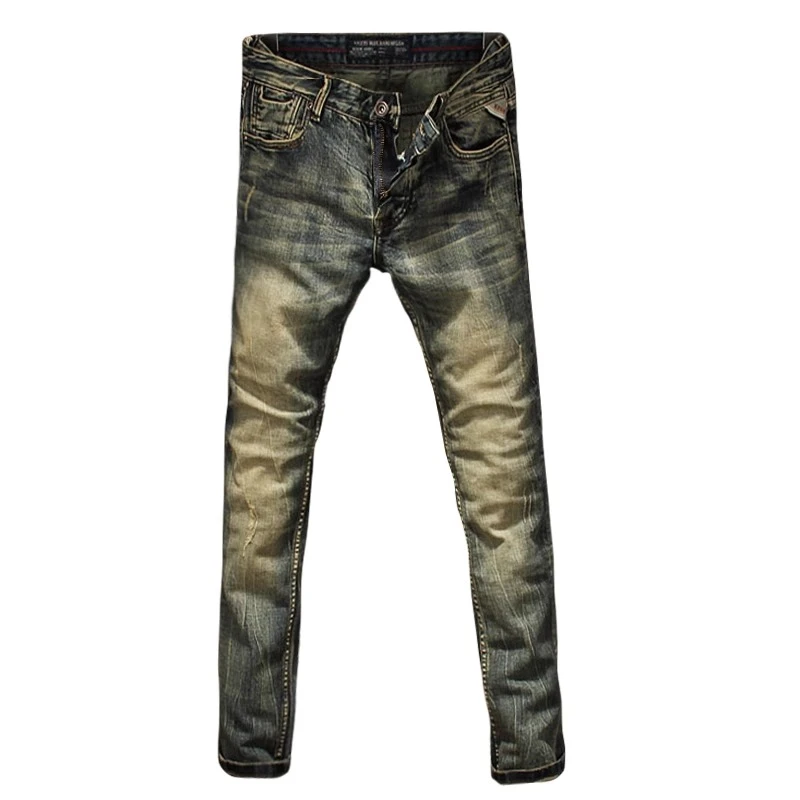 瑟图肖冬季加绒欧洲站贝克汉姆明星同款复古牛仔裤男修身小脚做旧