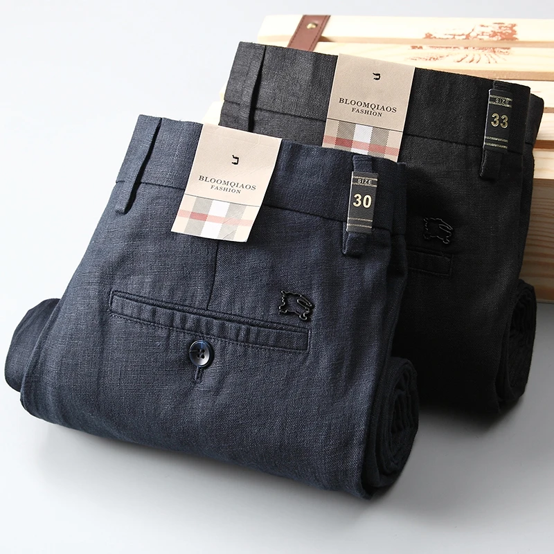 瑟图肖舒适透气100%纯亚麻裤男夏季薄款棉麻宽松直筒商务休闲裤子