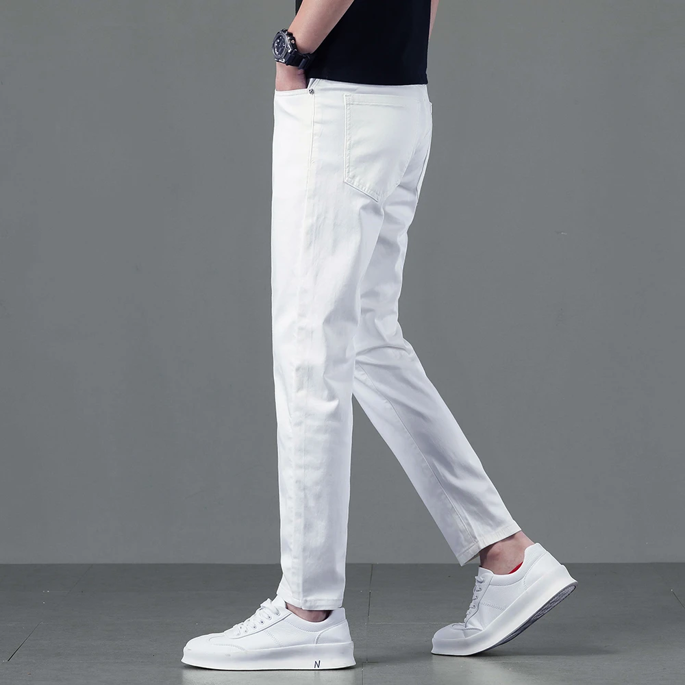 瑟图肖男士夏季白色九分牛仔裤新款潮牌高端水洗弹力修身小脚裤子