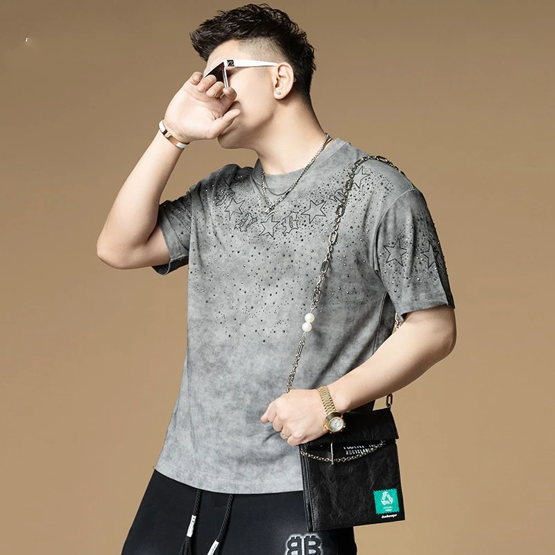 瑟图肖男士夏季短袖T恤100%棉高端轻奢百搭休闲潮满天星烫钻圆领