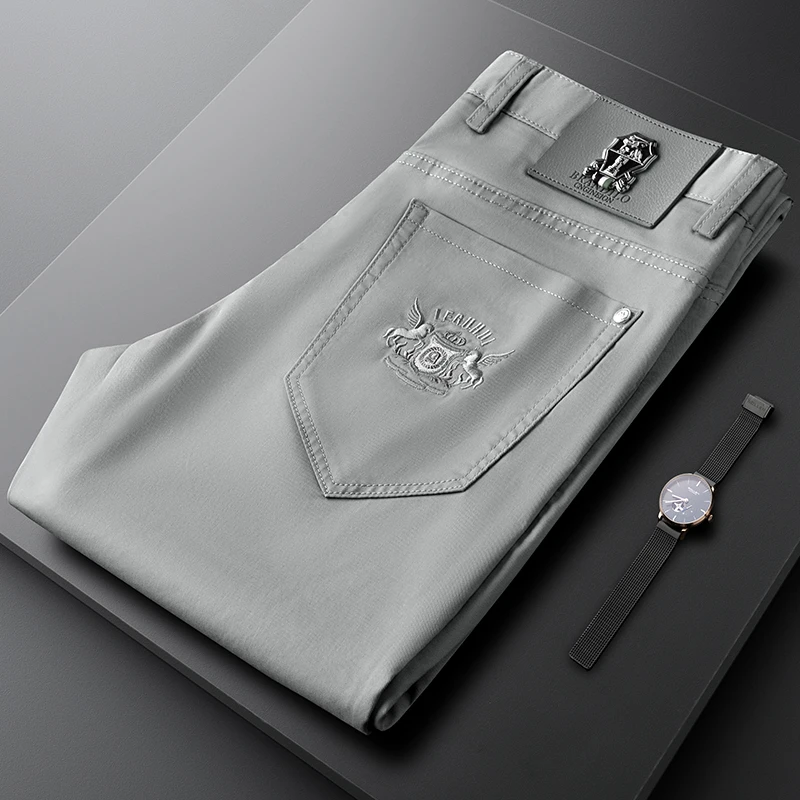 瑟图肖轻奢夏季休闲裤修身薄款男士休闲长裤时尚商务小直筒刺绣裤