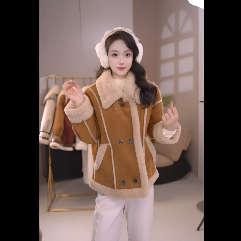 皮毛一体羊羔毛外套女新款高级感炸街加厚短款机车服ZBXX