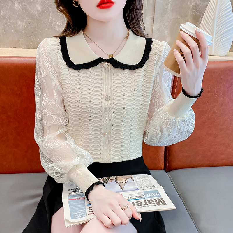 2024春秋装新款法式娃娃领针织衫女士拼接镂空泡泡长袖打底衫上衣