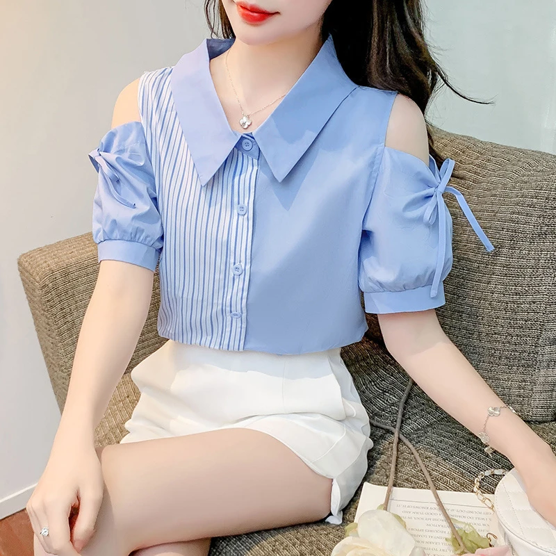 2025年新款高级感显瘦条纹拼接衬衫女士露肩蝴蝶结蓝色雪纺衬衣夏