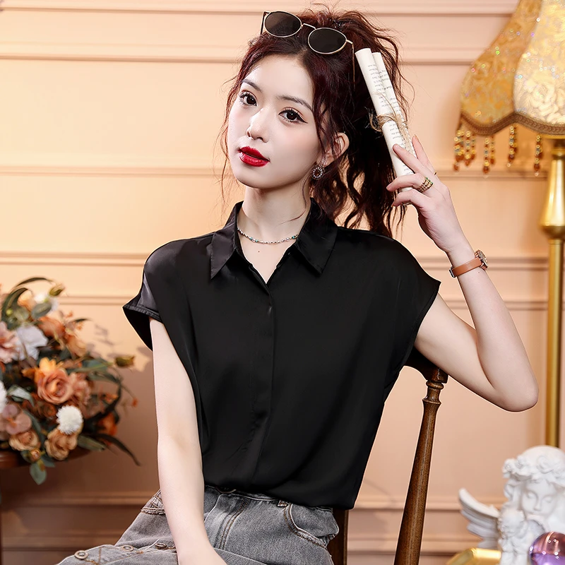 气质优雅黑色衬衫女士夏季2025年新款高端遮肚子上衣宽松短袖衬衣