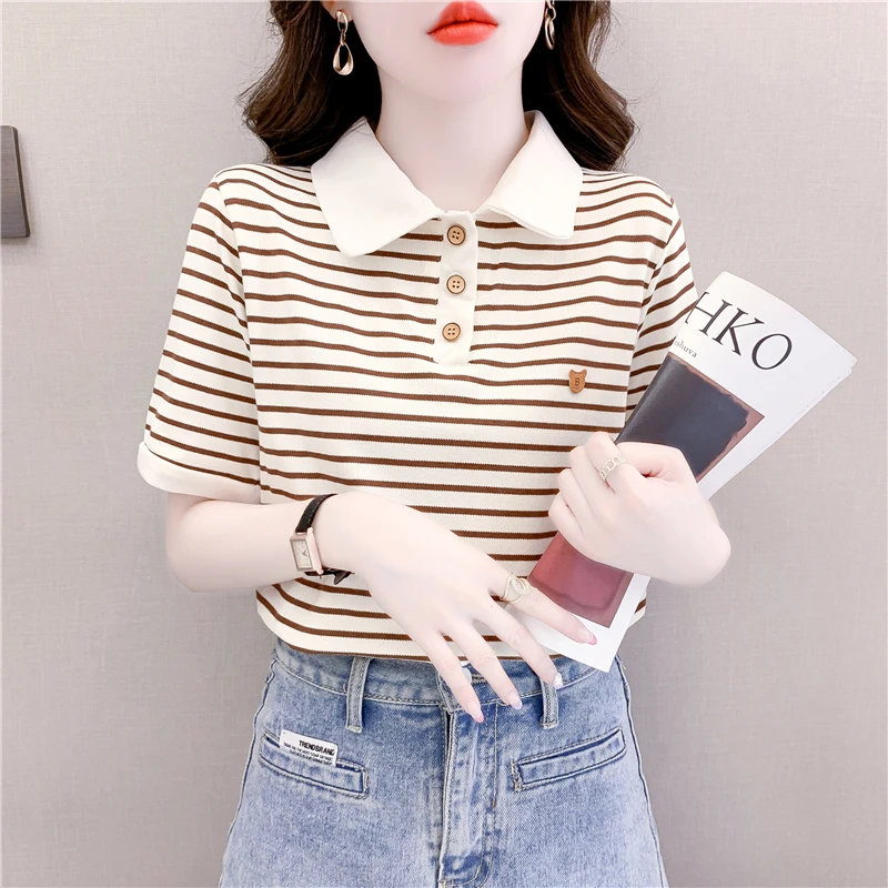 小个子减龄Polo衫条纹短袖T恤女宽松2025夏季新款韩版百搭上衣服