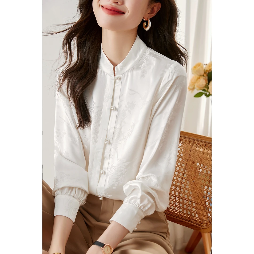 新中式复古气质衬衫女2025春秋新款中国风立领汉元素百搭长袖上衣
