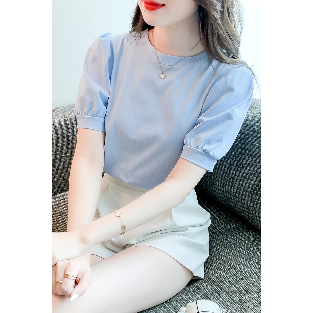 蓝色短袖t恤女夏2025年新款欧货漂亮气质减龄泡泡袖圆领小衫上衣