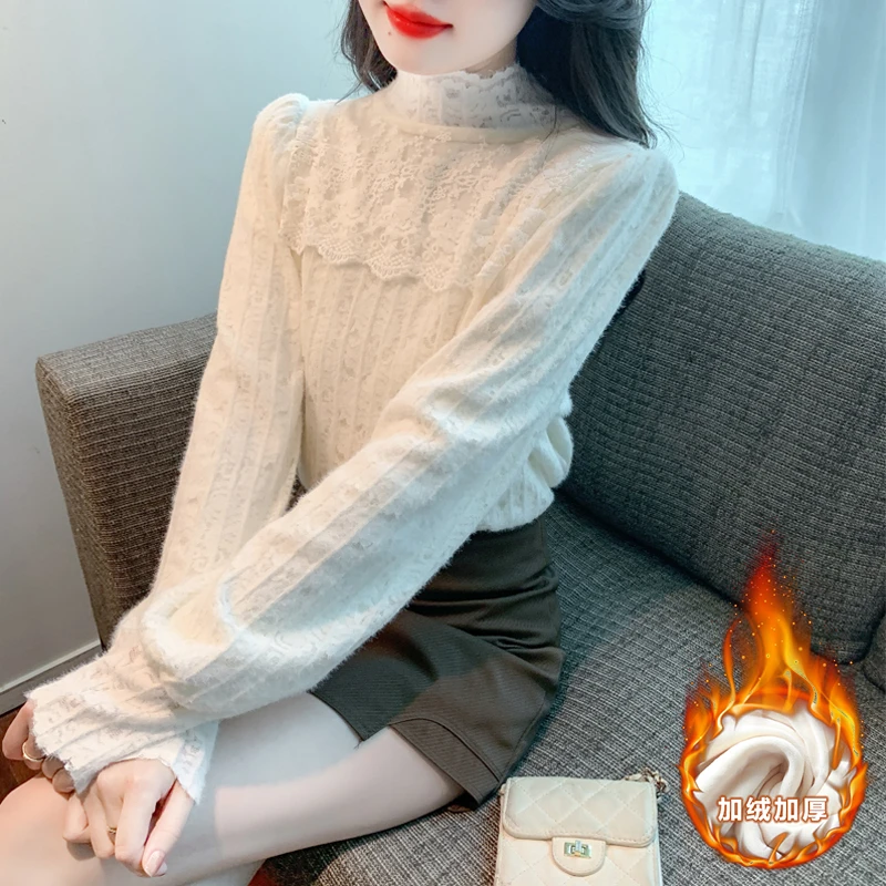 秋冬新款加绒加厚打底蕾丝衫女士法式半高领衬衫气质泡泡长袖上衣