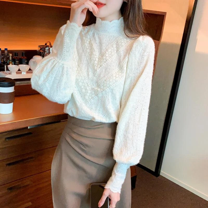 高端上衣女士2025春秋新款法式宫廷风半高领内搭洋气打底蕾丝小衫