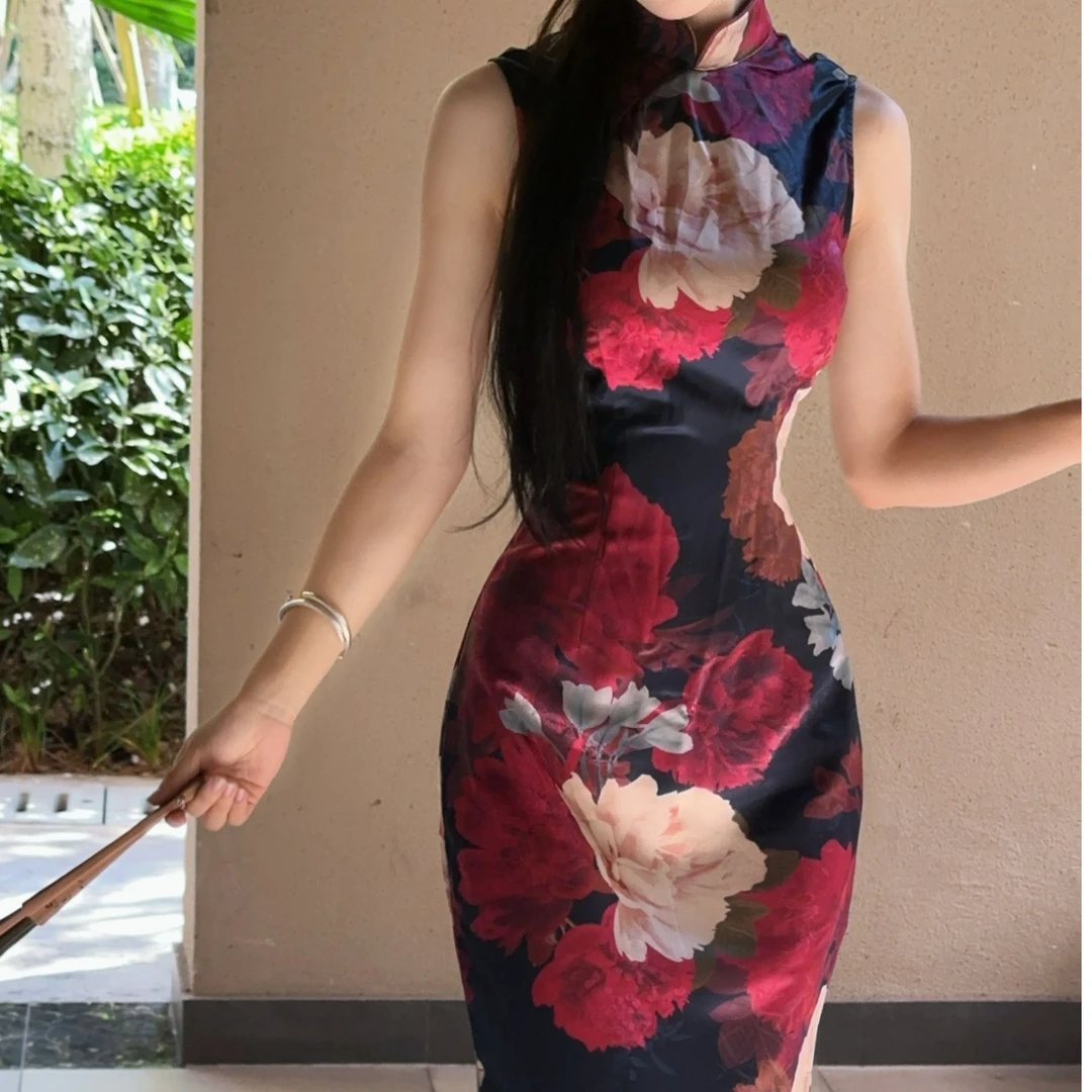 秋辞香~花雾 无袖长款修身花花旗袍连衣裙