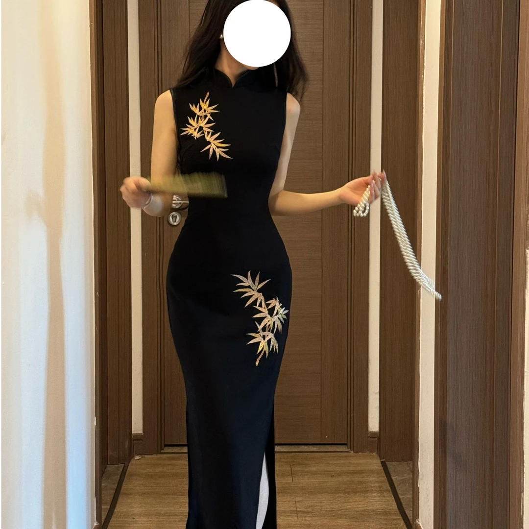 秋辞香~花木兰秋季黑弹力中长款刺绣修重工国风身旗袍连衣裙