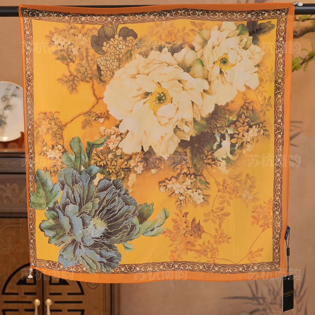 【A9-9C金贵牡丹】70*70双色丝巾气质双面大方花丝斜纹气质国风夏季