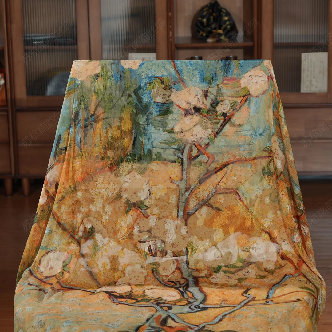 新【F86-85梵高梨花树】140*140丝巾剪花气质双面夏季大方提花老料