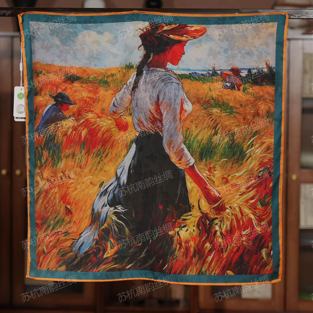 新【C61-146稻园】70*70方巾气质女士双面大方花丝斜纹轻奢丝巾