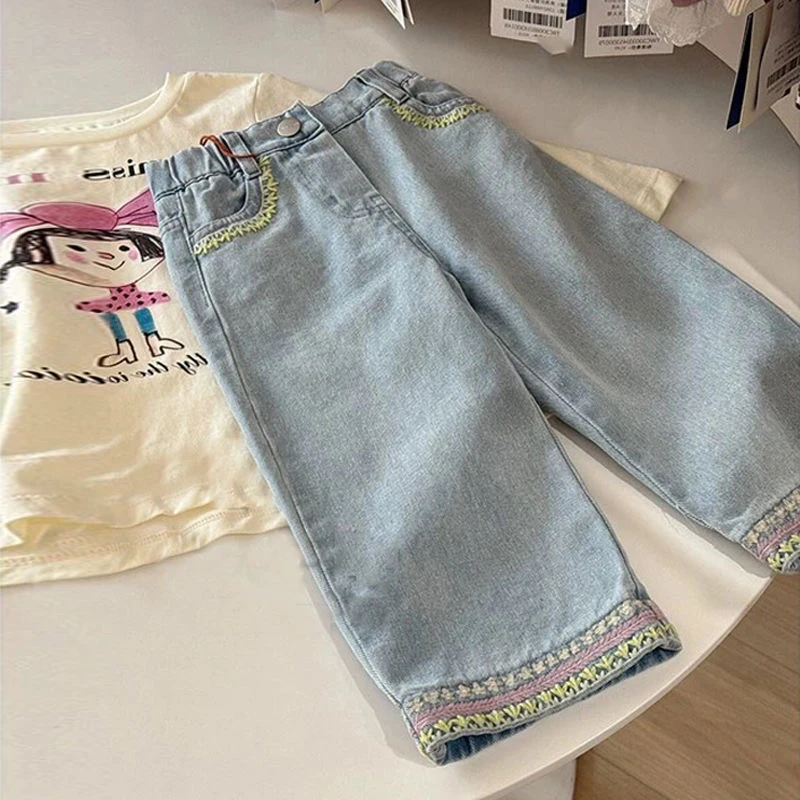 女童裤子春季新款儿童装小香风花边宽松阔腿裤时尚直筒牛仔裤