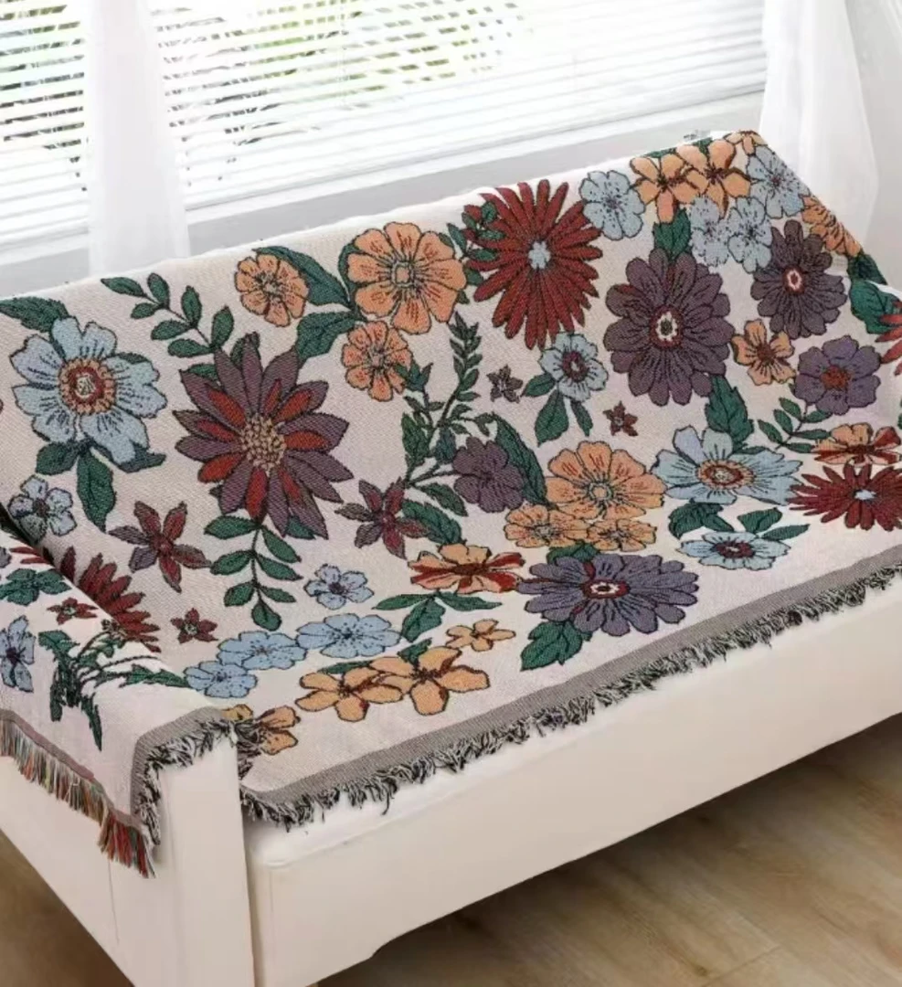 【花开富贵】85*240cm流苏沙发巾盖毯四季通用防尘罩双面毯子沙发垫