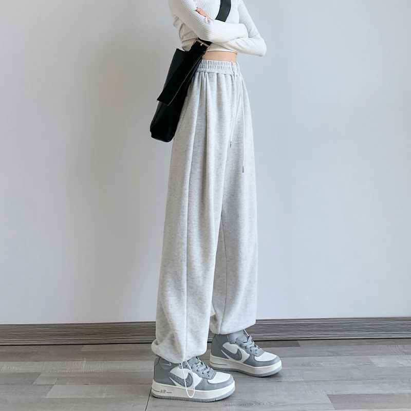 芝越灰色运动裤女宽松束脚春秋季休闲女裤子显瘦两穿灯笼直筒卫裤