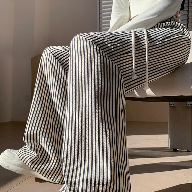 芝越黑白条纹阔腿裤女夏季新款春秋高腰垂感宽松直筒显瘦休闲长裤