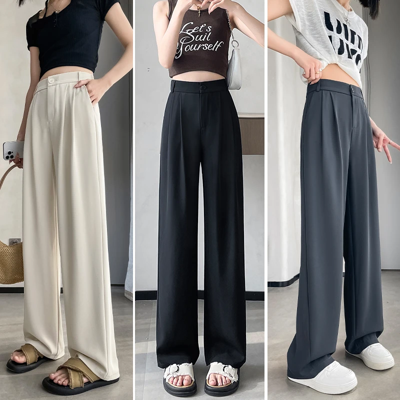 芝越夏季薄款小个子西装裤女高腰窄版宽松休闲垂感直筒拖地阔腿裤