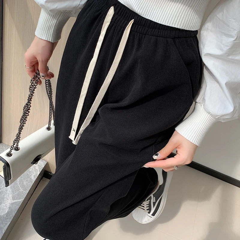 欧棉绒阔腿裤女秋季2023新款咖色高腰直筒垂感显瘦窄版休闲针织裤