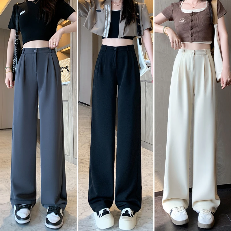 芝越夏季薄款窄版阔腿裤女高腰垂感直筒小个子宽松显瘦休闲西装裤
