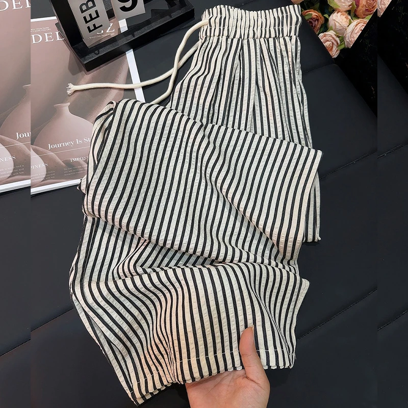 芝越黑白条纹裤女春秋季高腰休闲宽松慵懒遛弯显瘦薄款小个阔腿裤