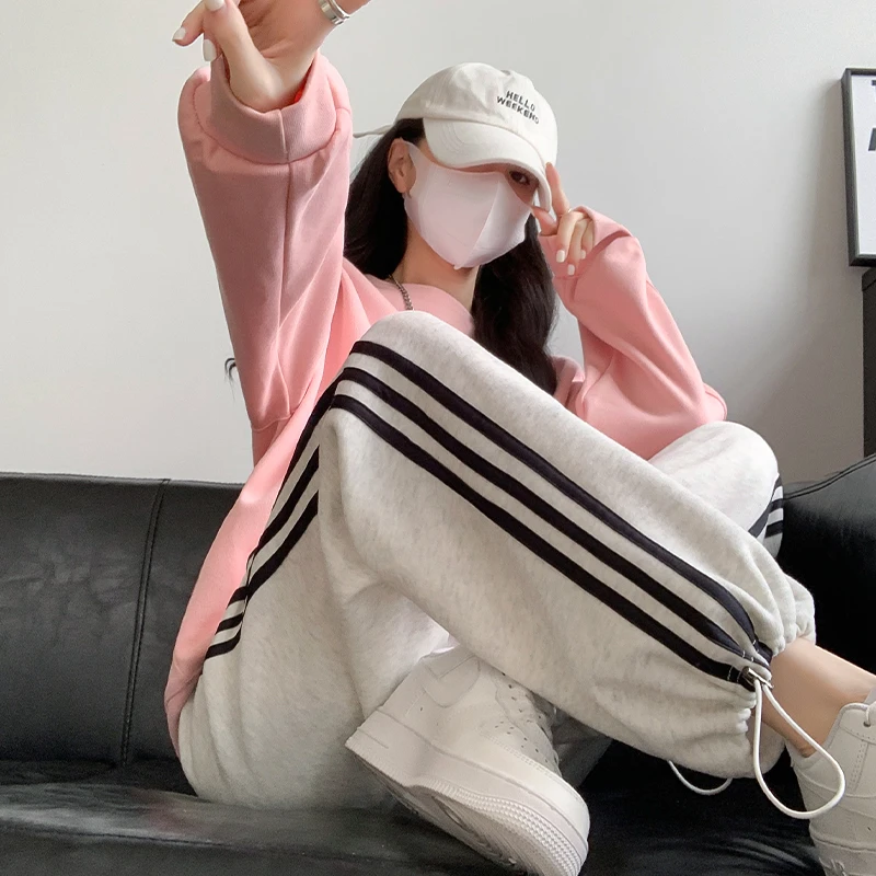 美式运动条纹裤子女春秋2025新款高腰宽松休闲直筒卫裤加长阔腿裤