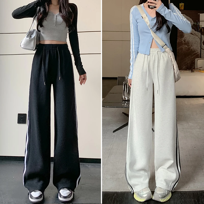 运动裤女秋冬2025新款爆款三条杠休闲宽松美式加绒女款阔腿卫裤