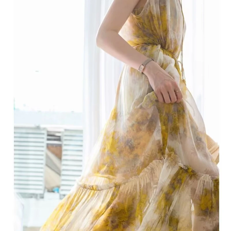 高级度假海边莫奈油画雪纺无袖连衣裙甜美超仙两件套宽松长裙设计