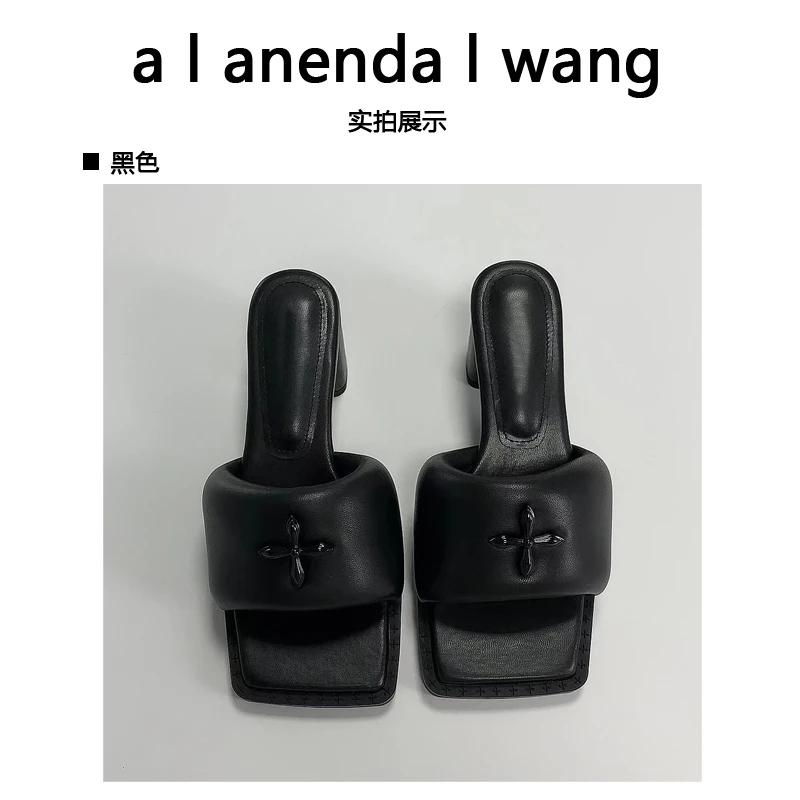 【老周手工女鞋】新款时尚全羊皮十字花金属扣方头鸭嘴凉鞋外穿